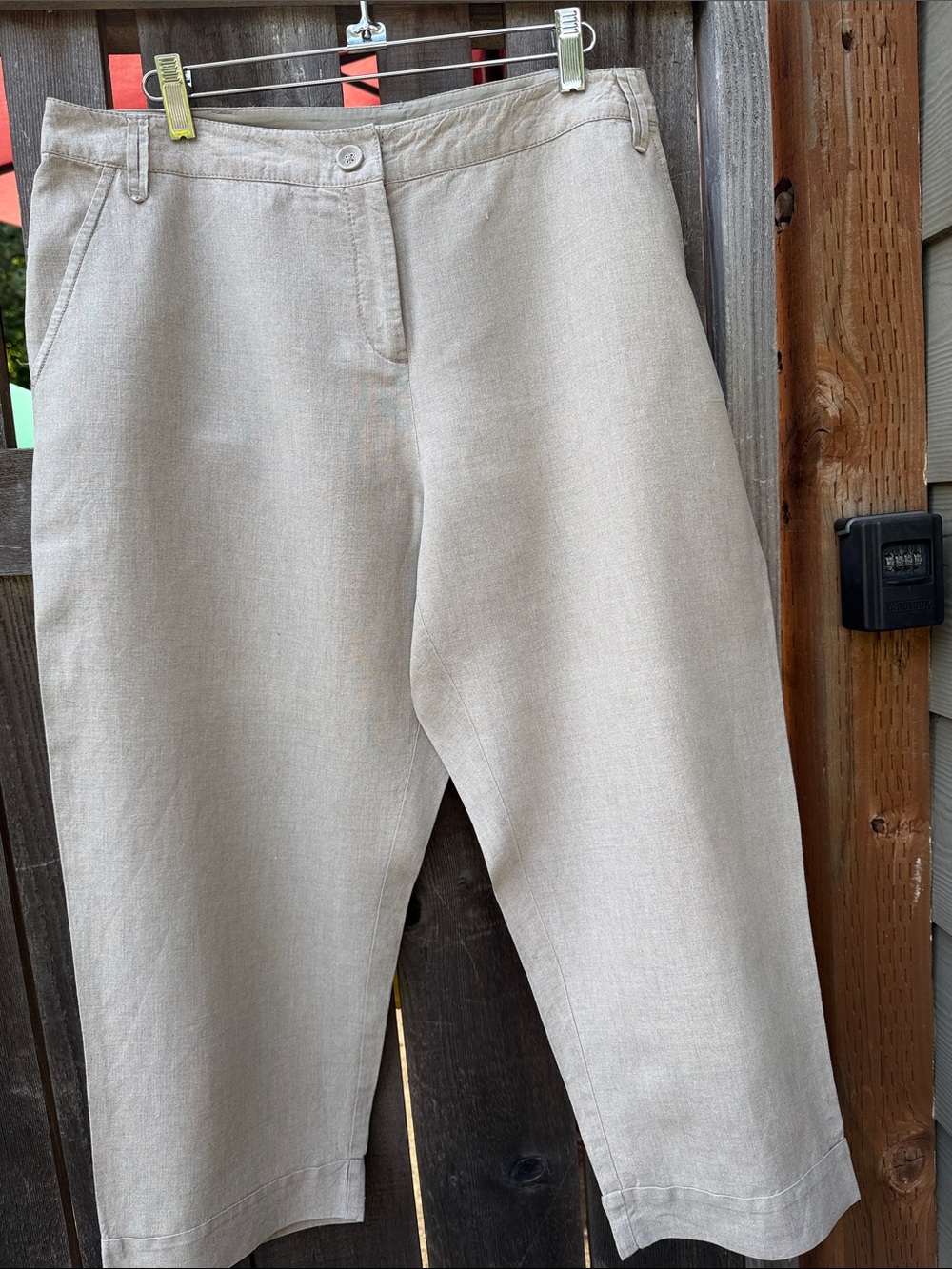 Eileen Fisher 100% organic linen cropped pants tan Large